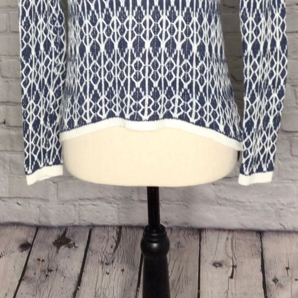 LOFT Blue and Ivory Linen Ikat Pullover Long Sleeve Sweater XSP